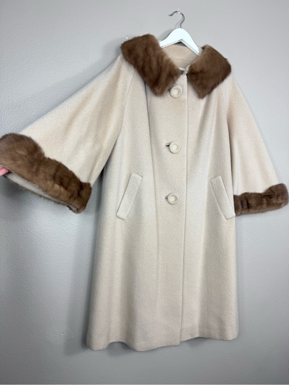 Forstmann tan Wool Penny Lane Coat Real Mink Fur Trim - Picture 3 of 16